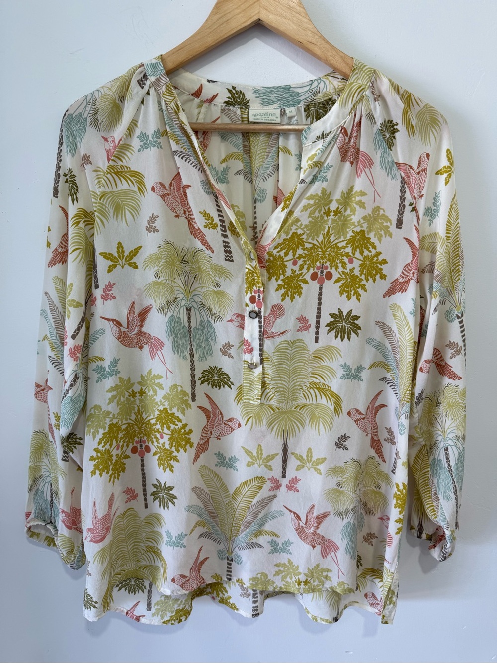 Spartina 449 100% Silk Cream Tropical Bird Botanical Print Blouse- M